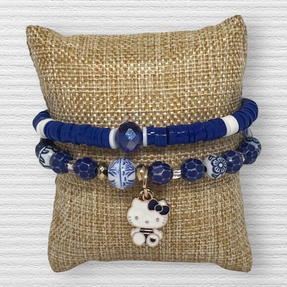 Mixed Media Hello Kitty Dainty Blue & White Heishi Beads Handmade Bracelet Set - Picture 2 of 6